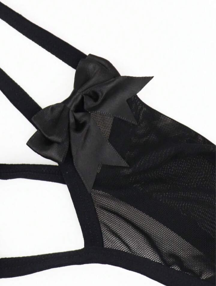 Energetic Black Bow Tie Alluring Mysterious Black Hollow Mesh Men's Lingerie